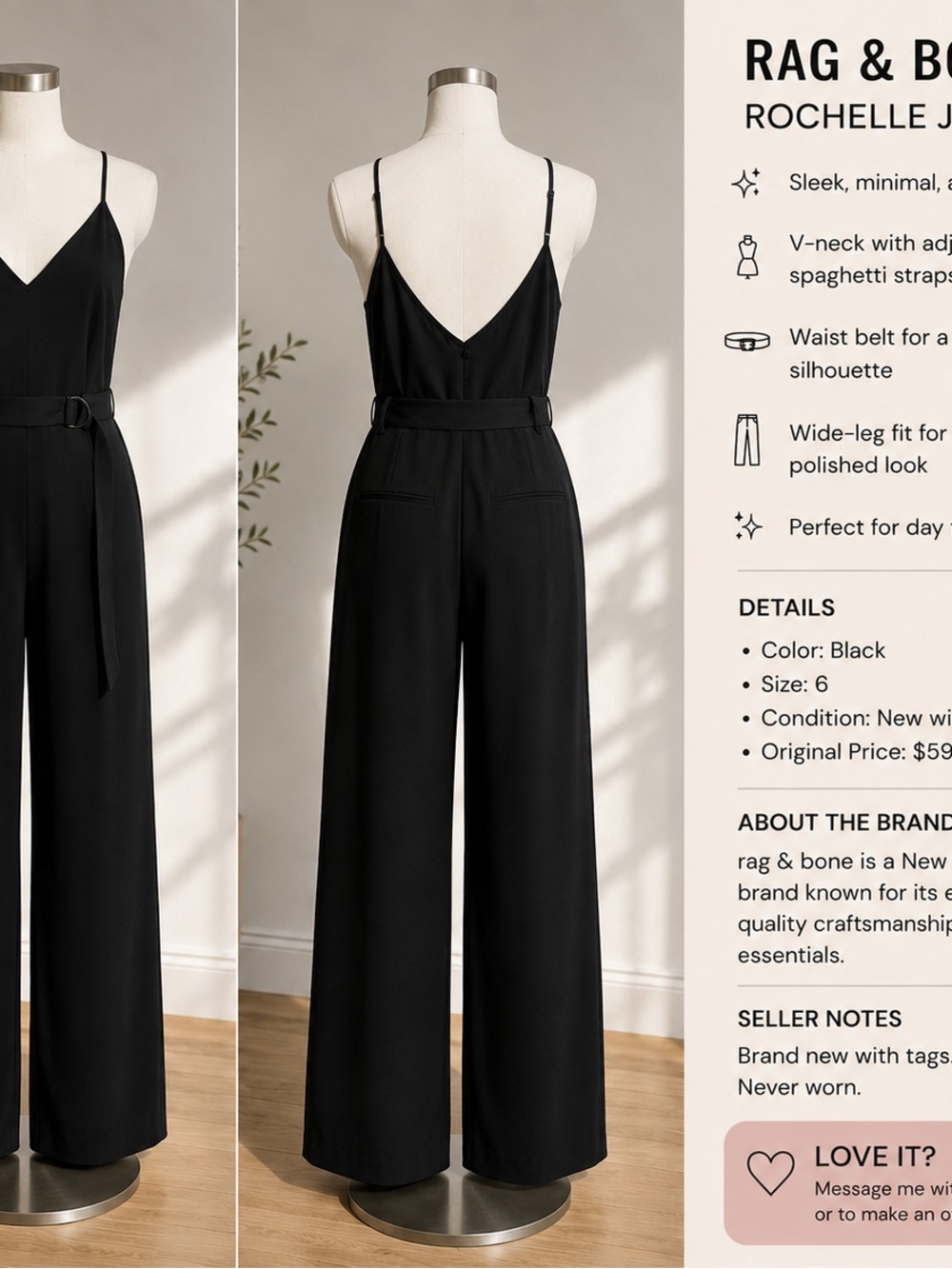 Rag & Bone Rochelle Jumpsuit – Black – Size 6 – NWT